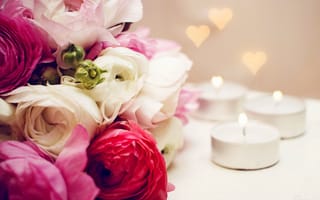 Картинка flowers, candles, свечи, букет, цветы, heart, сердце, bouquet