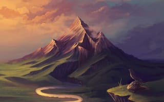 Картинка арт, река, нарисованный пейзаж, гора, птичка
