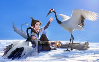 Картинка арт, hao6578300, птенцы, девочка, птицы, дерево, снег