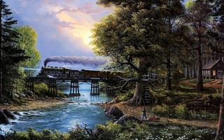 Картинка живопись, река, лес, паровоз, рисунок, небо