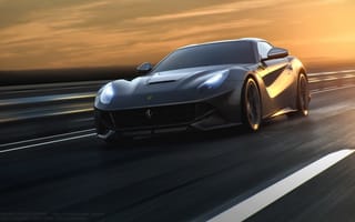 Картинка Ferrari, Road, Silver, Berlinetta, F12, Speed, Front, Sun