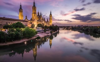 Картинка ночь, собор, Сарагоса, река, Испания