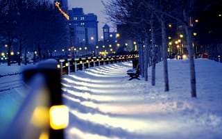 Обои city, скамейки, ночь, город, lights, зима, winter, night, улица, street, snow, снег, фонари, benches