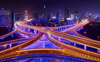 Картинка Китай, город, огни, выдержка, мосты, Шанхай, дорога, свет, ночь