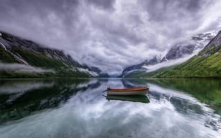 Картинка горы, берег, лодка, водоем, лодочка