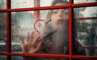 Обои девушка, капли, поцелуй, сердечко, дождь, окно