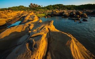 Картинка море, небо, синева, пальмы, закат, голубой, скалы, камни