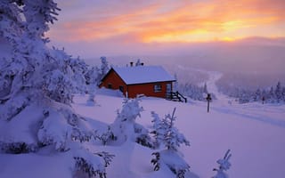 Картинка природа, sunset, house, landscape, cool, снег, nice, white, scenery, snow, небо, дом, sky, пейзаж, nature, зима, beautiful, winter