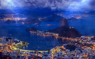 Обои Бразилия, вечер, город Рио-де-Жанейро, облака, молнии, огни, бухта, небо, залив