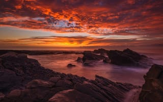Картинка море, облака, камни, побережье, пейзаж, скалы, берег, закат