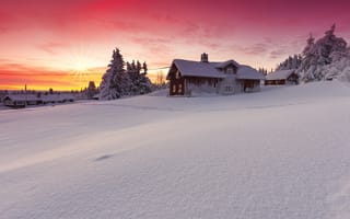 Картинка пейзаж, красота, Лиллехаммер, рассвет, дом, природа, Норвегия, солнце, снег, зима