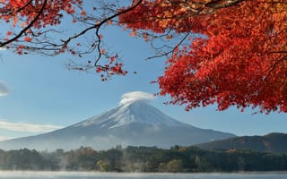 Картинка Япония, гора Фудзияма, листья, осень, небо, озеро, деревья