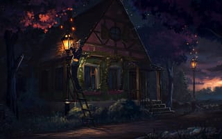 Картинка дом, фонарь, лестница, человек, дерево, арт, закат