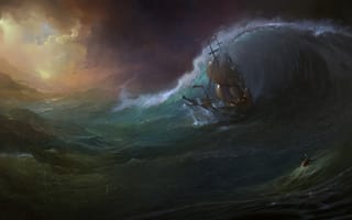 Обои шторм, корабль, человек, волны, море