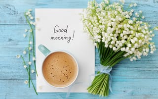 Картинка цветы, кофе, good morning, деревянный, доброе утро, ландыши, голубой