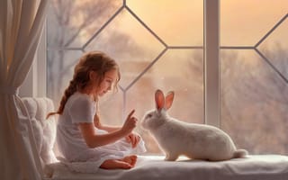 Обои настроение, девочка, окно, кролик, белый кролик
