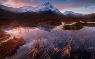 Картинка Шотландия, облака, небо, зима, юго-запад Хайленда, озёра, трава, вечер, долина Гленко, горы