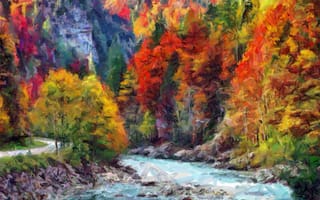 Картинка картина, река, дорога, горы, пейзаж, лес, осень, холст