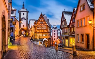 Картинка зима, Germany, Rothenburg, Medieval town, Ротенбург, Германия, фонари, снег, вечер