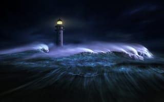 Картинка море, nikos Bantouvakis, маяк, волны, темнота, свет, ночь, digital art, графика