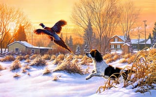 Картинка Frank Mittelstadt, живопись, собака, летать, Getting Up, птица, искусство, снег, зима, восход, природа, охотничья