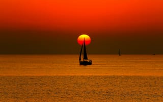 Картинка небо, парус, закат, солнце, море, лодка, яхта