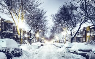 Картинка Canada, Канада, снег, фонари, дорога, зима, вечер, улица, город, Quebec, машины, Квебек, дома
