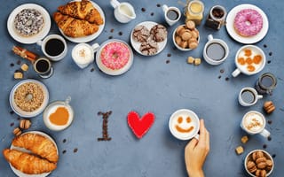 Картинка кофе, cup, macaron, круассаны, sweet, печенье, выпечка, I love you, croissant, cookies, coffee, heart, макаруны, donuts, love, пончики, сладости