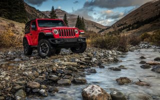Картинка вода, камни, Wrangler Rubicon, Jeep, горы, 2018, красный