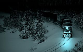 Картинка Лес, ель, ночь, поезд, локомотив, снег, мрак, рельсы