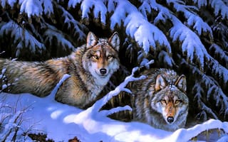 Картинка волки, животные, природа, зима, снег, деревья