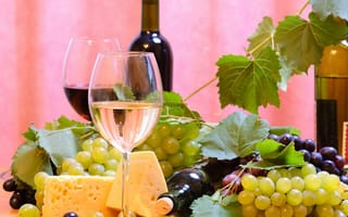 Картинка листья, вино, бокал, виноград, сыр, бутылка, боке