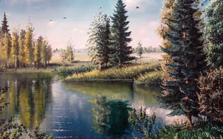 Картинка природа, деревья, озеро, птицы, лес