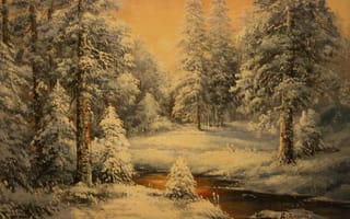 Картинка Новый год, зима, живопись, холод, зимний лес, мороз, снег, Зорин