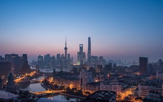 Картинка city, twilight, river, sky, architecture, bay, skyscraper, sunset, sea, China, lights, evening, buildings, Shanghai, cityscape, bridge