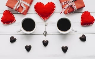 Обои любовь, подарок, сердце, love, сердечки, wood, romantic, gift, heart, coffee, red, cup, valentine's day