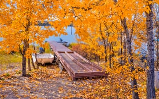 Картинка осень, деревья, лодка, мостик, озеро, листья