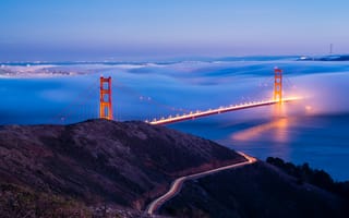 Картинка Сан-Франциско, США, огни, мост Золотые Ворота, туман, вечер