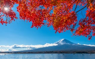 Картинка осень, небо, Fuji Mountain, Япония, red, листья, maple, landscape, гора Фуджи, colorful, осенние, Japan, autumn, клен, leaves