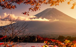 Картинка осень, maple, небо, colorful, гора Фуджи, leaves, autumn, Япония, Japan, листья, Fuji Mountain, клен, landscape, red, осенние