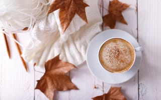 Картинка осень, осенние, coffee, colorful, листья, чашка кофе, maple, cup, шарф, wood, autumn, leaves