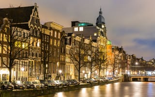 Картинка ночь, city, Амстердам, Canal, panorama, Голландия, Netherlands, night, Amsterdam, огни, lights, река, город
