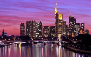 Картинка Deutschland, здания, огни, город, освещение, небо, вечер, Майн, подсветка, Франкфурт-на-Майне, Frankfurt am Main, закат, Германия, река, мост, высотки, дома, небоскребы, отражение