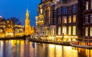 Картинка ночь, city, город, Амстердам, огни, panorama, lights, река