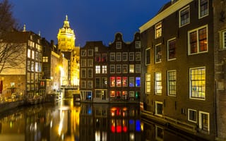 Картинка ночь, panorama, Canal, cityscape, lights, city, Амстердам, Голландия, огни, Netherlands, город, Amsterdam, река, night