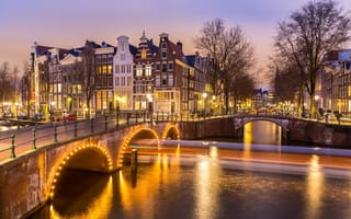 Картинка ночь, Амстердам, Canal, река, Amsterdam, город, Голландия, night, Netherlands, огни, bridge, city, cityscape, panorama, мост, lights