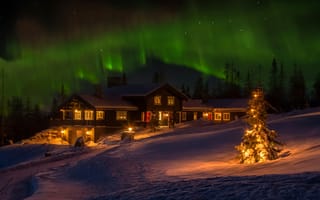 Картинка Норвегия, праздник, зима, ёлка, северное сияние, дом