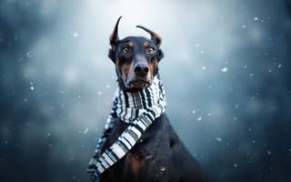 Картинка зима, серьезный, синий, портрет, взгляд, шарф, снег, собака, пёс, морда, снегопад, черная, доберман, уши