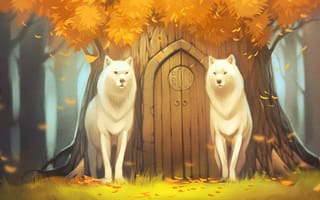 Картинка волк, белые волки, арт, лес, дверь, древо, дерево