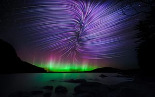 Картинка Moosehead Lake, Канада, Mount Kineo, северное сияние, звезды